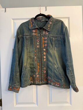 Vintage Chico's Embroidered Southwestern Denim Jacket Zip